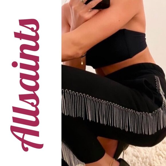 ALLSAINTS GISELLE CHAIN FRINGE TRIM BLACK SWEATPANTS, SIZE SMALL - Picture 16 of 16